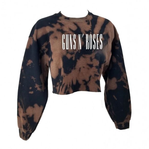 GUNS N' ROSES Acid Wash Distressed Rock Crop Top Long Sleeve Crewneck Sweatshirt - Picture 2 of 5